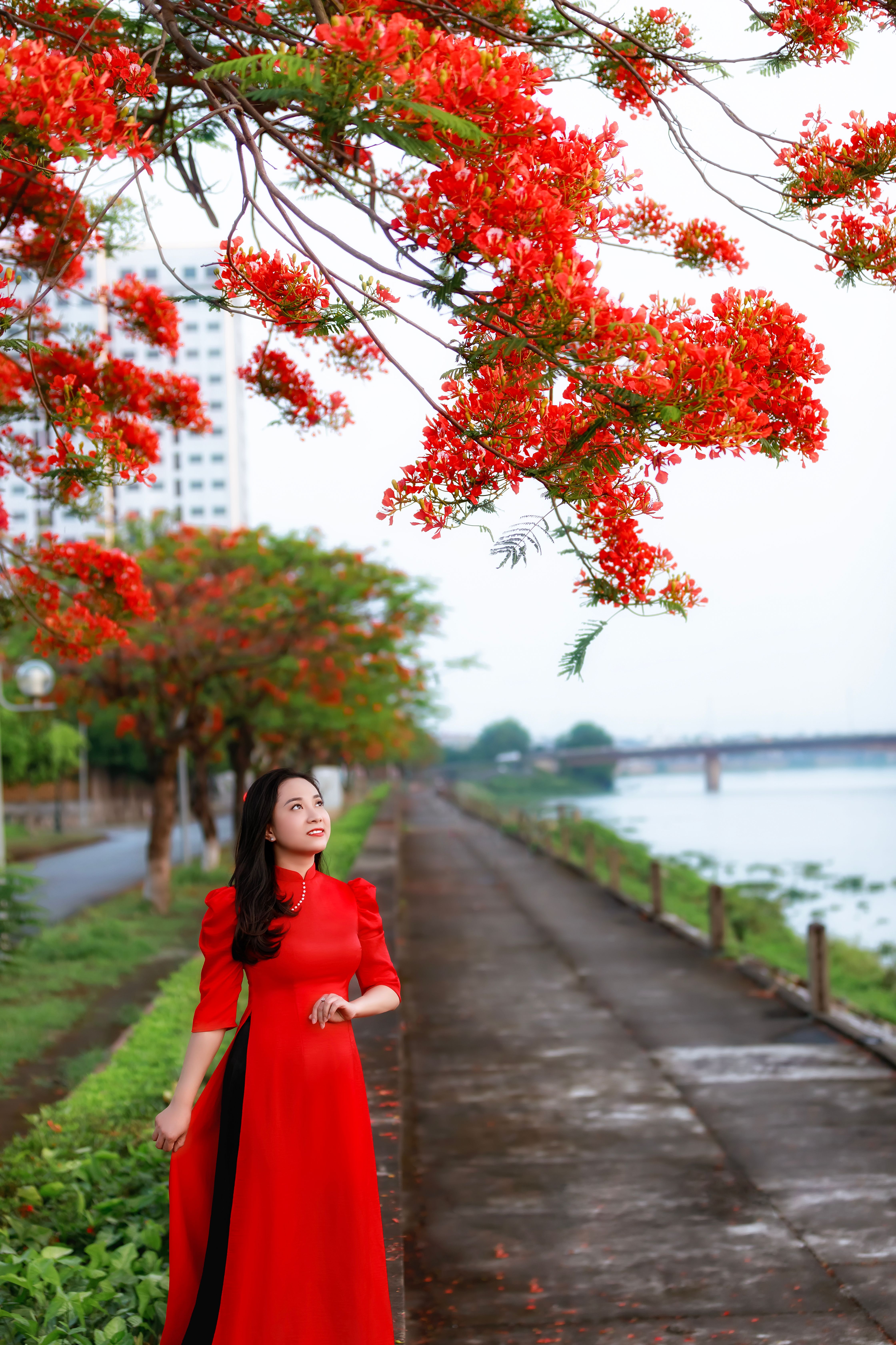Asian woman in a red dress standing under vibrant red blossoms along a riverside path.