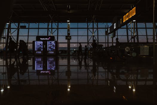 Silhouettes and reflections inside Brussels Zaventem Airport during twilight.