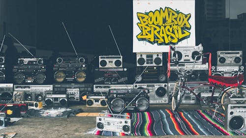 2275: Free Stacked Grey and Black Boombox Lot Stock Photo