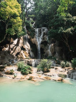 绿树成荫的瀑布，营造出宁静的热带天堂