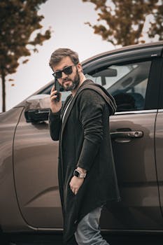 Bearded man wearing sunglasses and coat, using a smartphone while standing beside a car outdoors.
