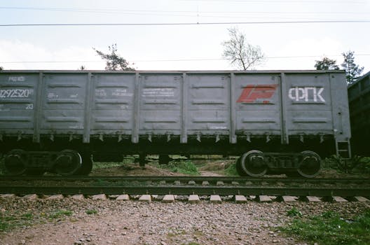 Side view of a freight train car on railway tracks surrounded by nature.