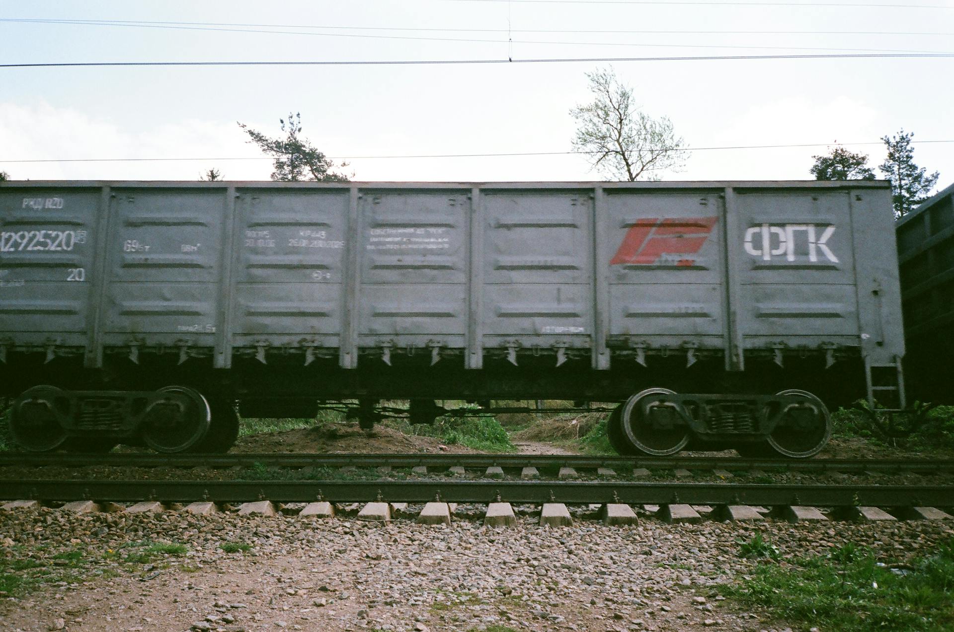 Side view of a freight train car on railway tracks surrounded by nature.