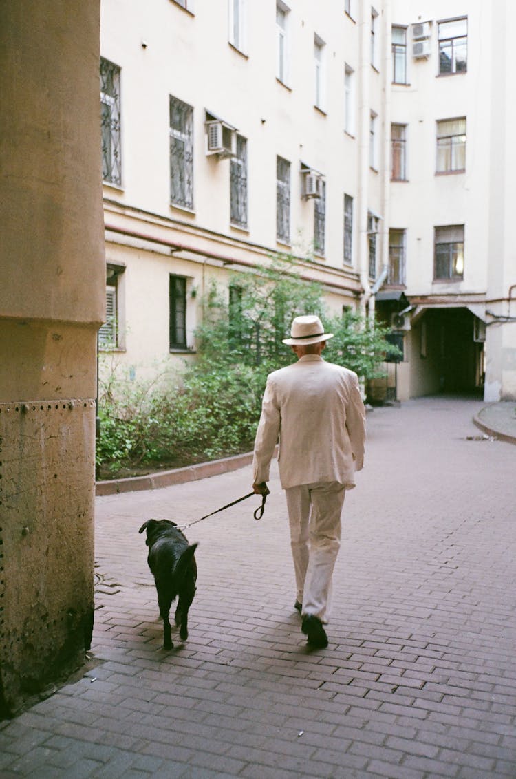 Elderly Man Wearing White Suit Walking With A Dog Outside An Apartment Building