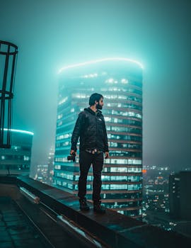 Photographer stands on rooftop overlooking Minneapolis skyline at night.