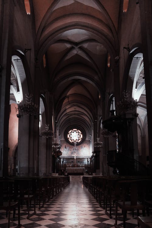 A church with a large stained glass window