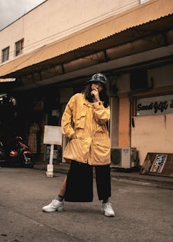 一位身穿黄色夹克、头戴水桶帽的自信女人正在达沃市的户外摆姿势