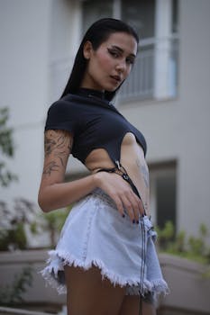 Urban fashion portrait featuring a model with tattoos in a trendy outfit, captured outdoors.