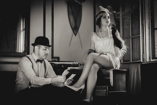 Elegant couple in vintage attire, 1920s style, sitting indoors and smoking.