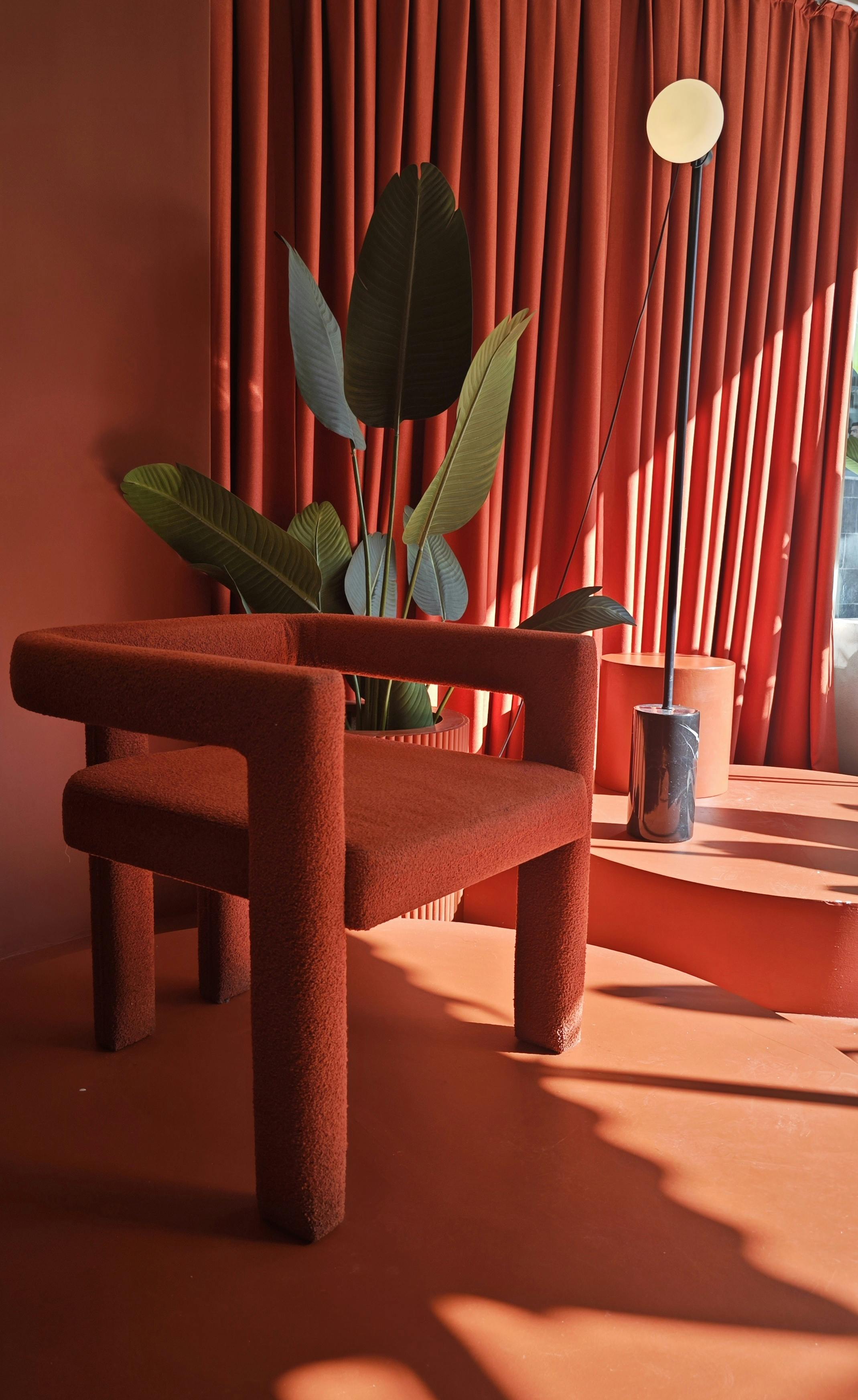 Capture of a red chair in a modern interior with natural light and green plant.