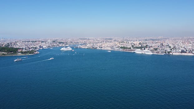 A stunning aerial view of Istanbul's Bosphorus Strait with bustling ships below.