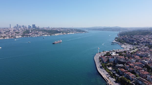 Stunning aerial shot of the Bosphorus Strait with cityscape and shipping vessels in Istanbul, Turkey.