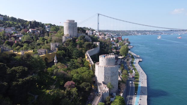 A breathtaking aerial shot of Rumeli Fortress with the Bosphorus Bridge in Istanbul, Turkey.