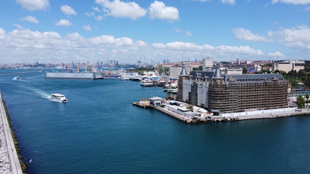 Scenic aerial view of Haydarpaşa Train Station and port in Istanbul under a clear blue sky.