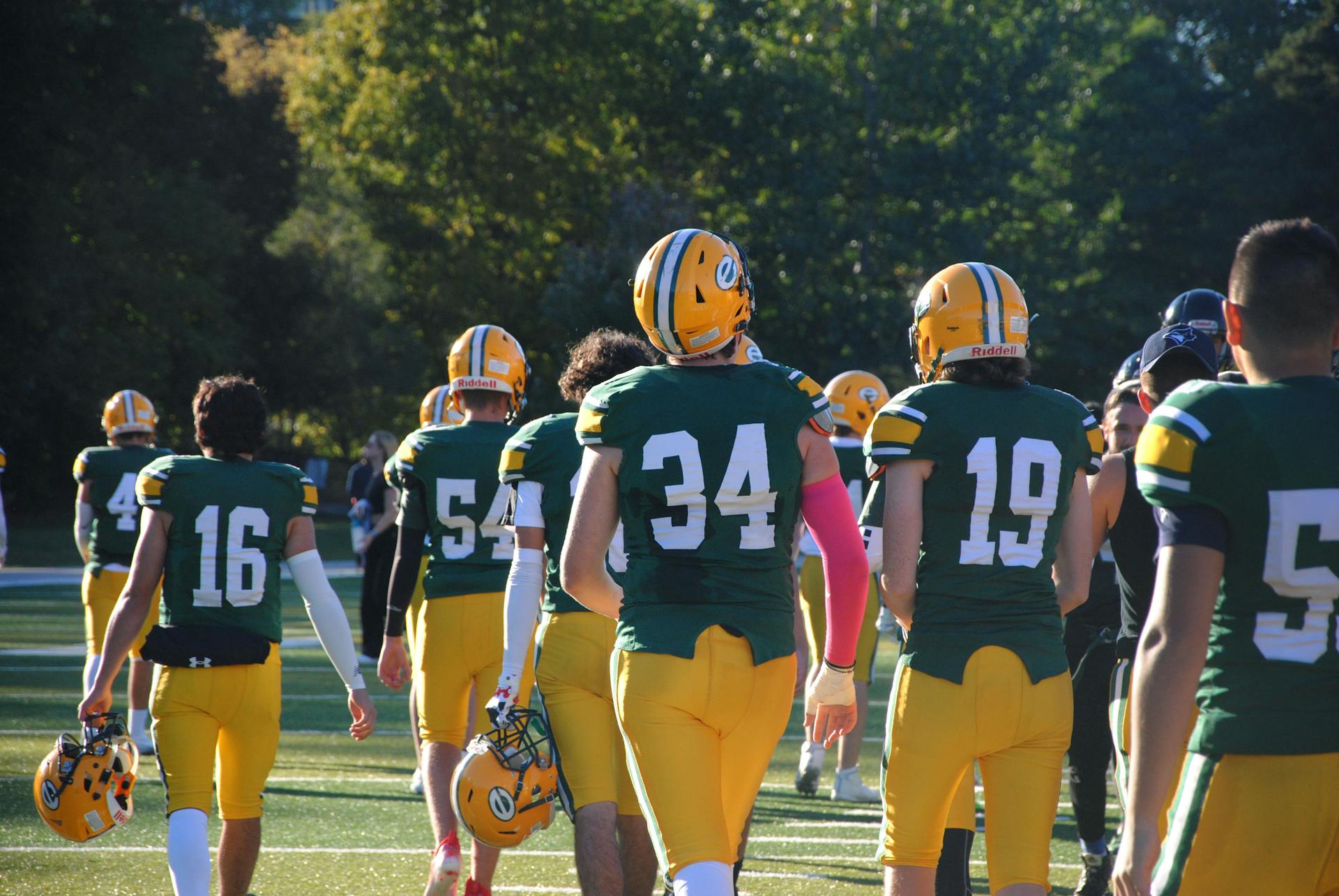 Football players in uniform walking on field during a sunny day game. Team sports action.