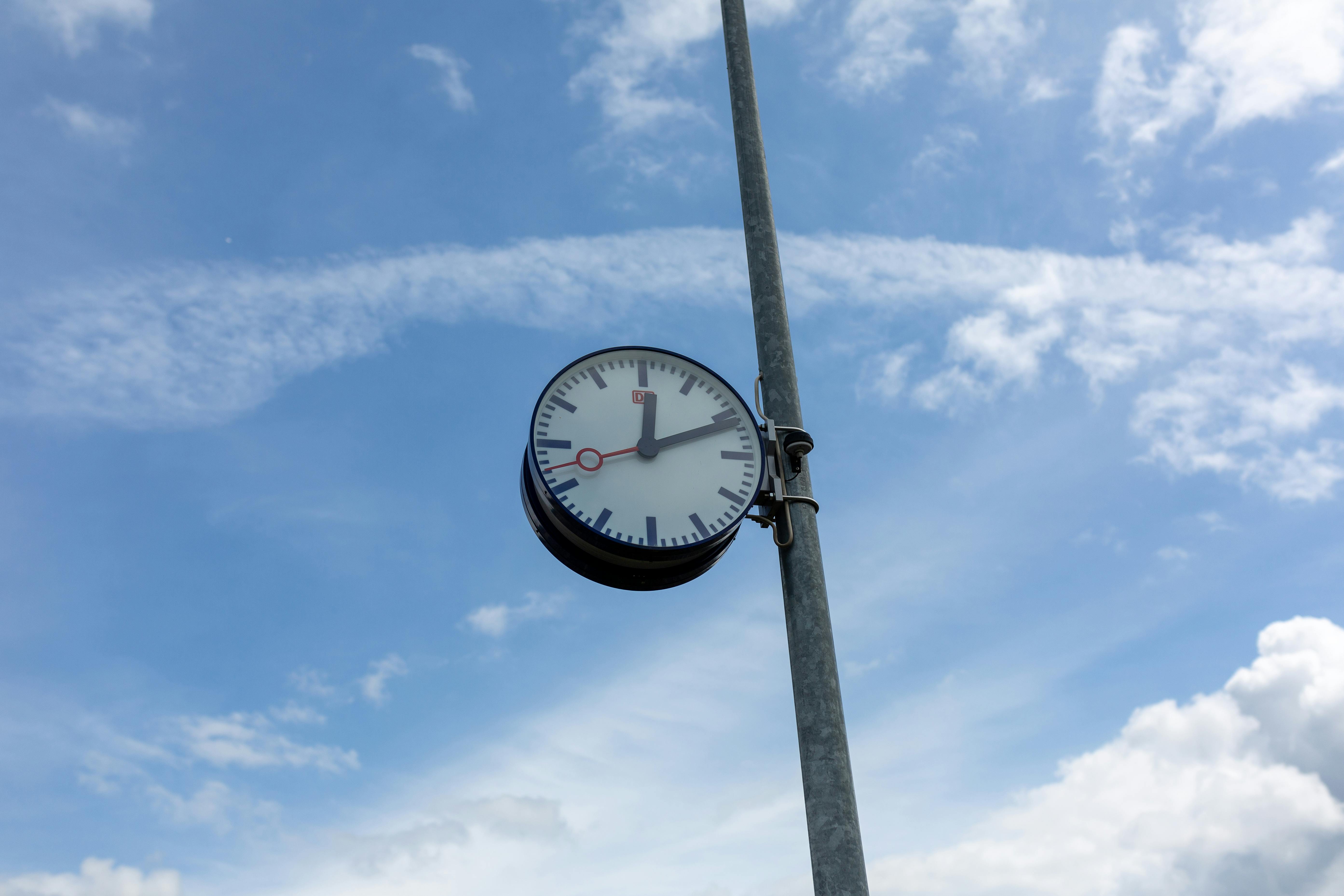 Free stock photo of bahn, blue sky, clock