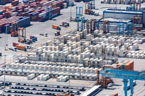 An aerial view of a large container port