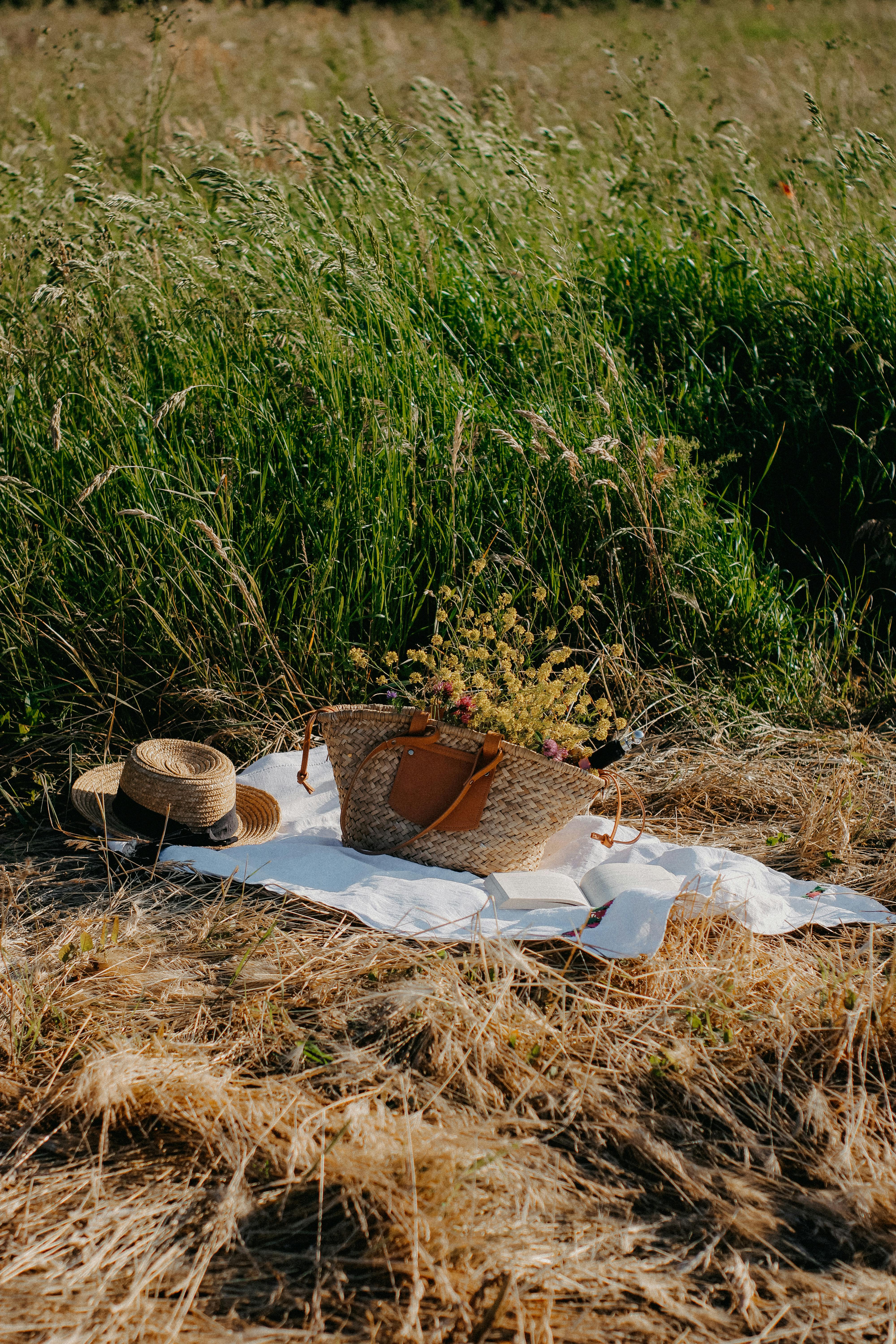 A serene picnic scene with a straw hat and wicker basket in a sunny grassland.