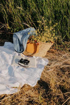 Relaxing picnic setup in a rural meadow with a camera and wildflowers.