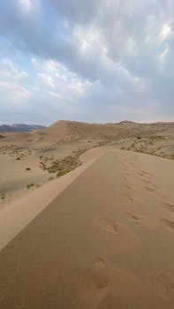 A mesmerizing view of rolling sand dunes under a cloudy sky highlighting the vast desert expanse.