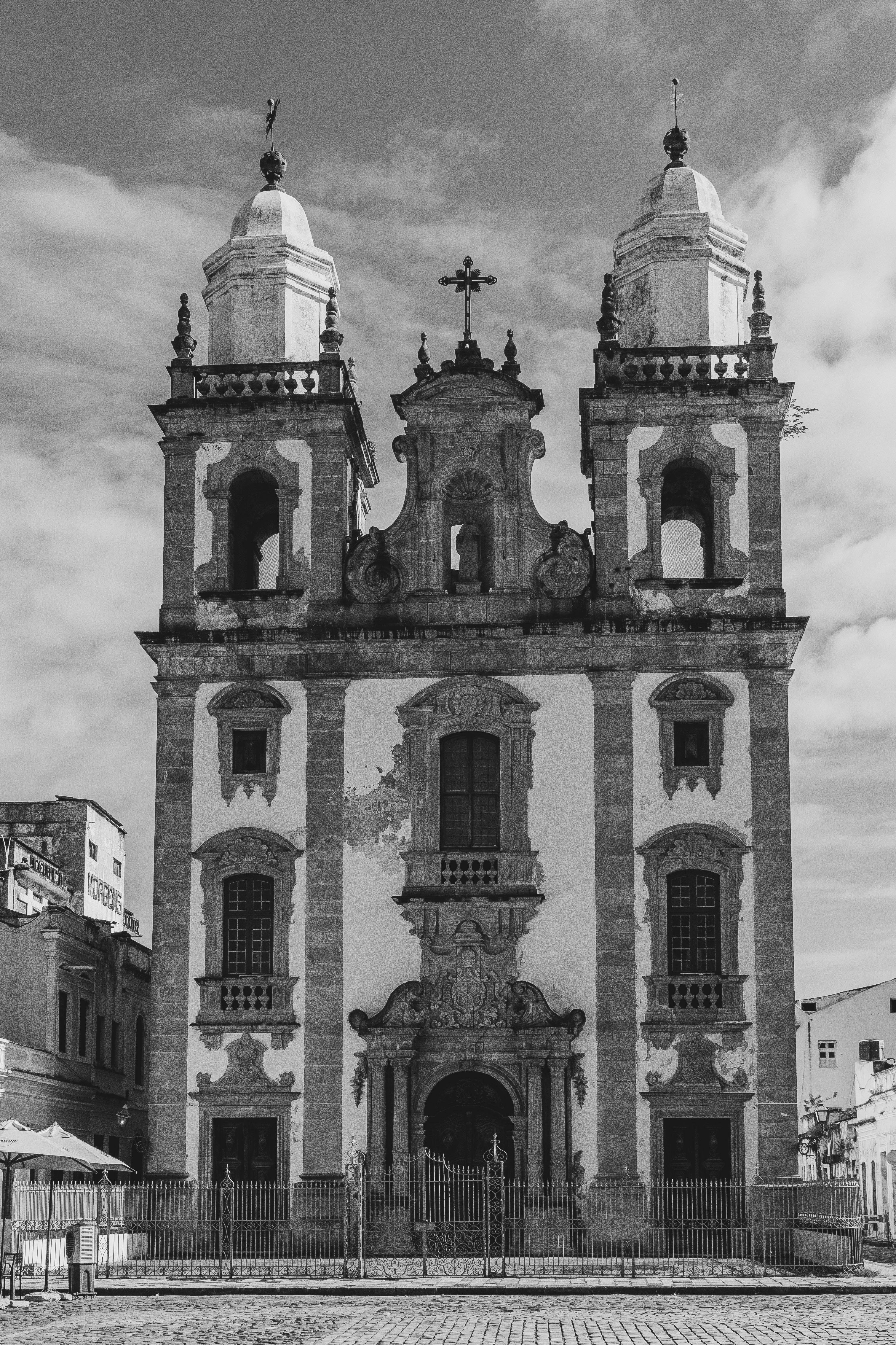 Black and white photo of a historic Catholic church facade in Recife, Brazil.