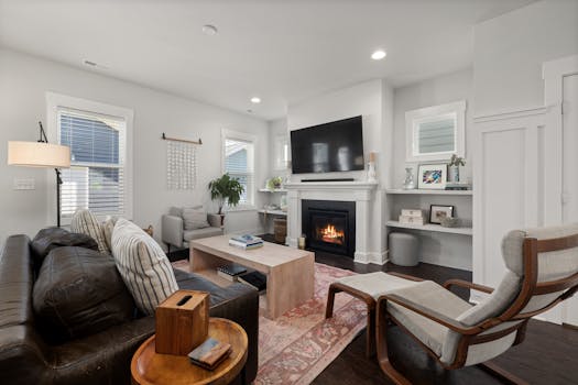 Inviting modern living room featuring a leather sofa, armchair, and a warm fireplace for relaxation.