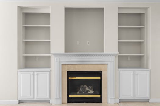 A luxurious white interior with built-in shelves and a central fireplace, perfect for modern homes.
