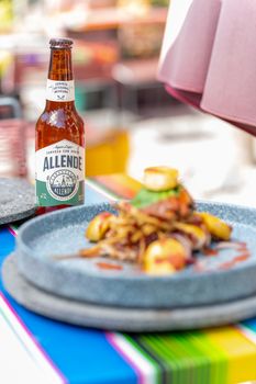 A vibrant gourmet meal served alongside a craft beer in CDMX, México.