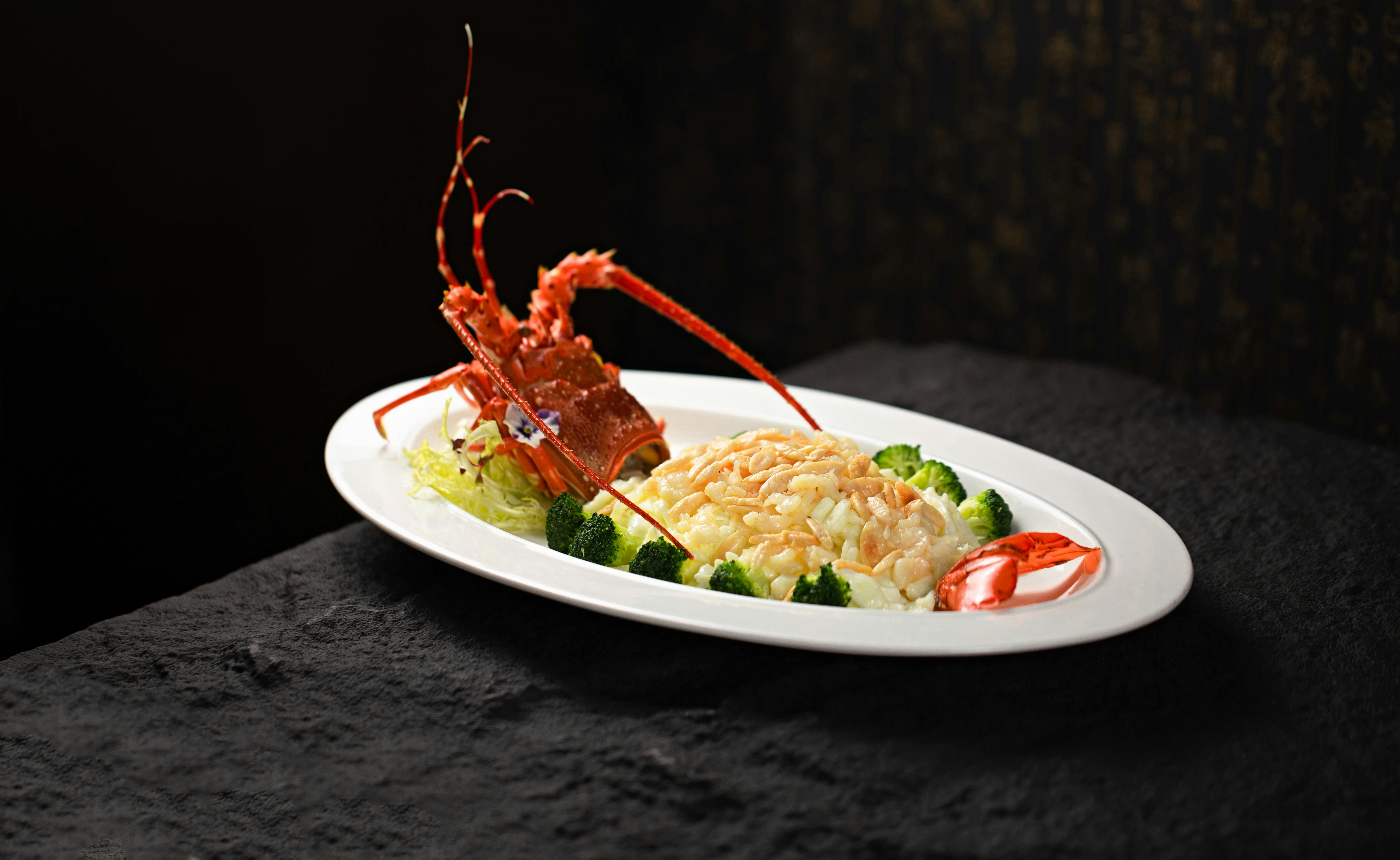 Free Delicious gourmet lobster dish with broccoli and puree, elegantly plated for a fine dining experience. Stock Photo