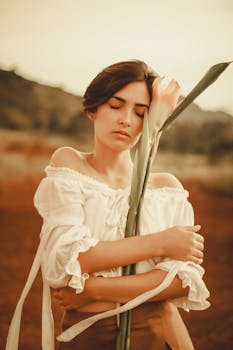 一位年轻女子在温暖宁静的户外环境中，拥抱着一朵大花