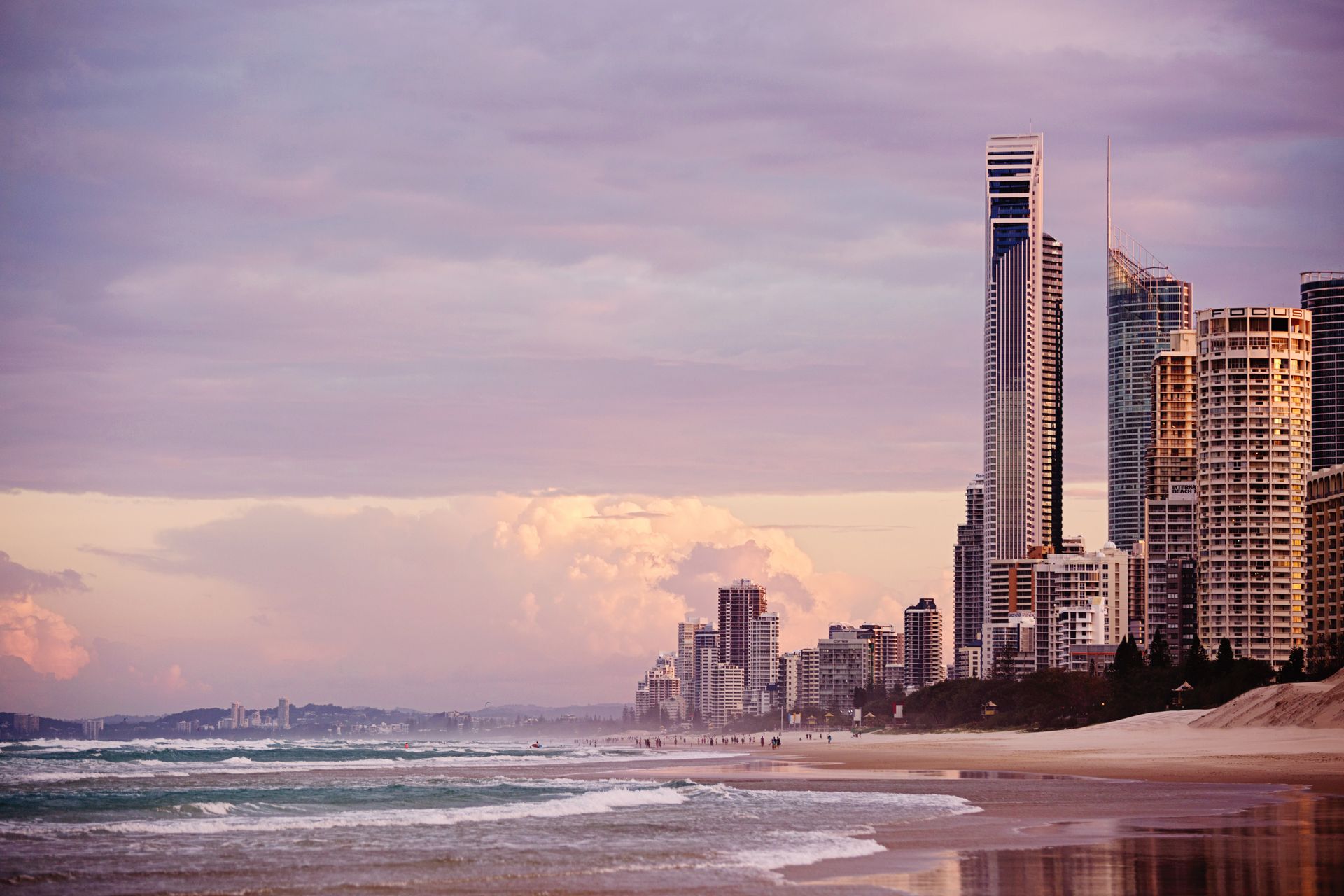 Gold Coast skyline at sunrise with Surfers Paradise beaches