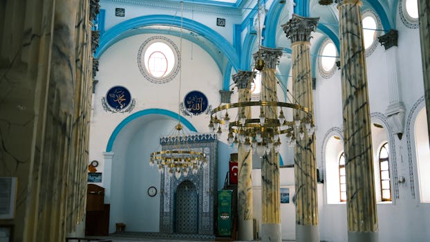 Explore the stunning interior of Hayrettin Pasha Mosque in Ayvalik, showcasing Islamic art and architecture.