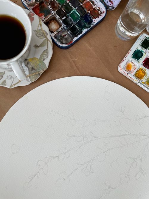Free Top view of watercolor supplies with a fresh cup of coffee, ready for painting. Stock Photo