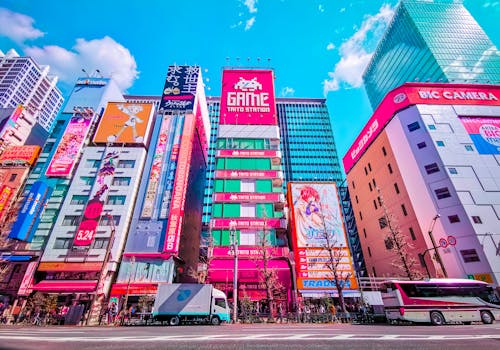 Colorful urban scene of Taito City with iconic buildings in Tokyo, Japan.