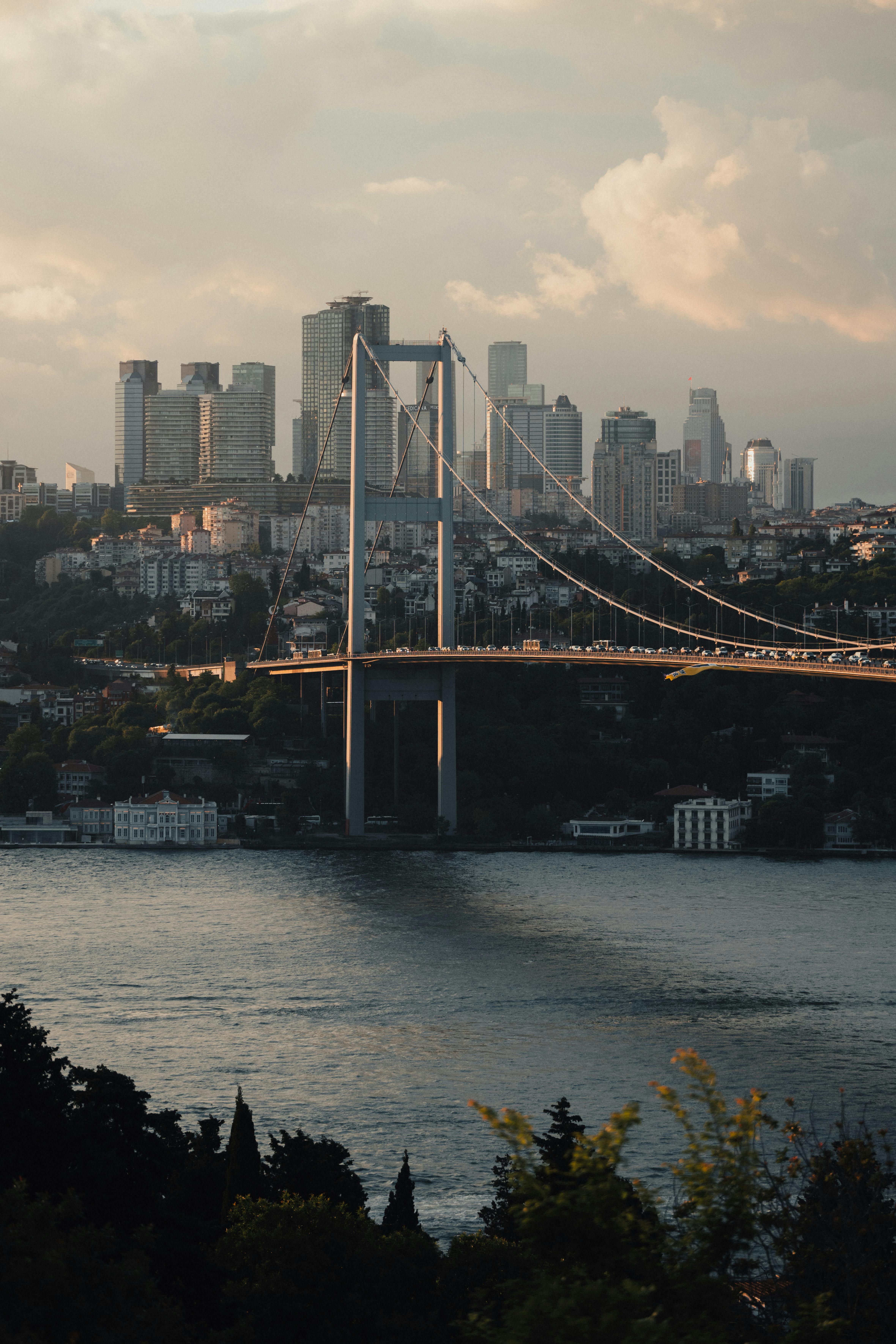 A breathtaking view of the Bosphorus Bridge with the Istanbul skyline in the background, showcasing urban architecture.