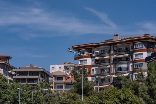 Stylish urban apartments in Bornova, İzmir under a clear blue sky.