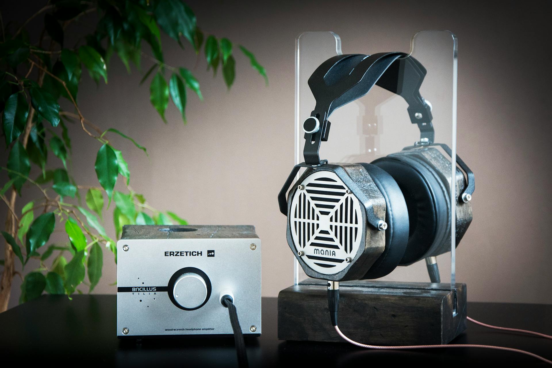 Close-up of high-end headphones and amplifier on a stand, showcasing modern audio technology.