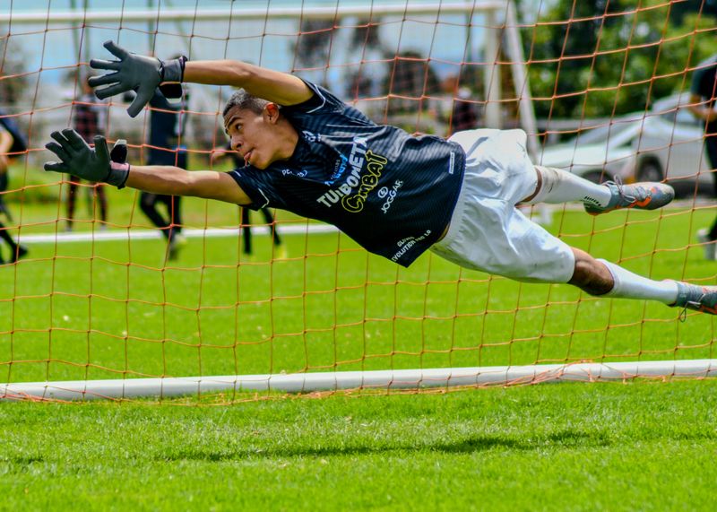 Goalkeeper diving at full stretch to keep the ball out