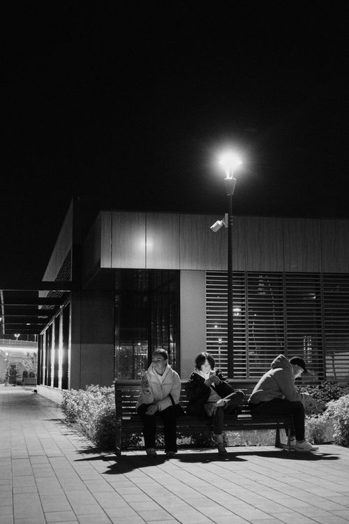 Free Black and white image of people on a bench under a streetlight in Volgograd at night. Stock Photo