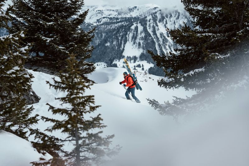Man hiking with skis on snowy mountain amidst evergreen trees, showcasing winter adventure.