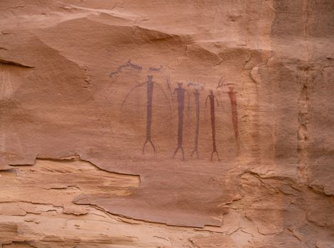 Detailed view of ancient pictographs on sandstone rock in Utah, USA.