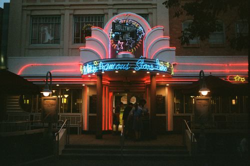 Free A classic Hollywood-themed diner with neon lights glowing at twilight. Stock Photo