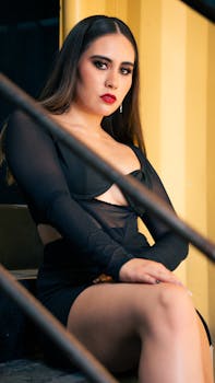 Stylish young woman in black outfit poses confidently on stairs, showcasing urban fashion.