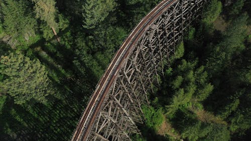 An aerial view of a train track in the woods