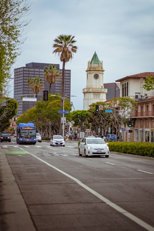 Free Scenic view of a busy street in Los Angeles, featuring palm trees, vehicles, and city architecture. Stock Photo