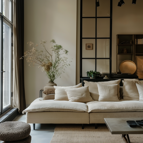 Neutral living room with washed linen cushions — photo by Tori Gordon on Pexels