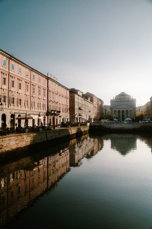 A river with buildings in the background