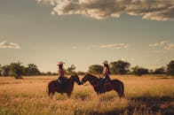 日落时分，阳光明媚的巴西田野上，两名女子骑马而行，展现了大自然的宁静