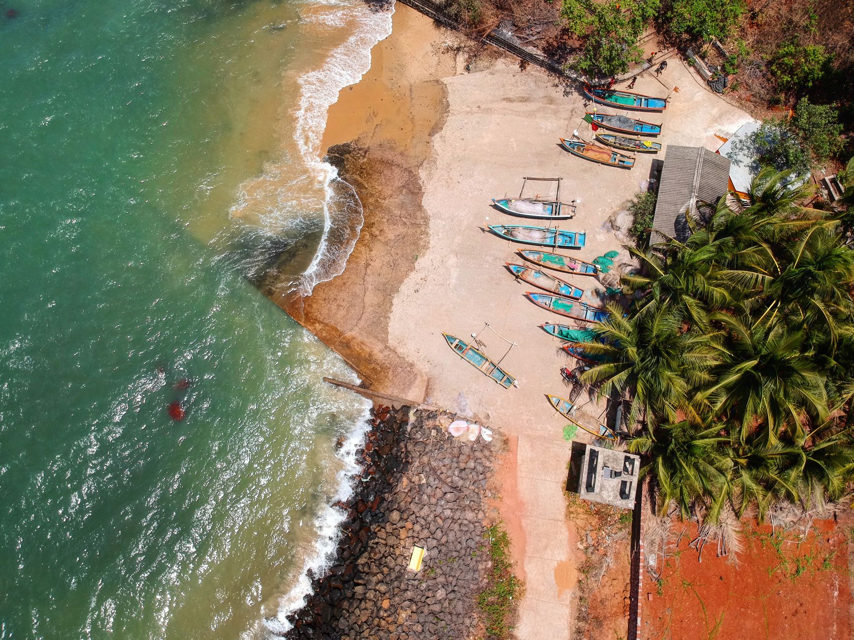 Stunning aerial view of colorful boats along the tropical Malvan beach in India, lined with lush palm trees.
