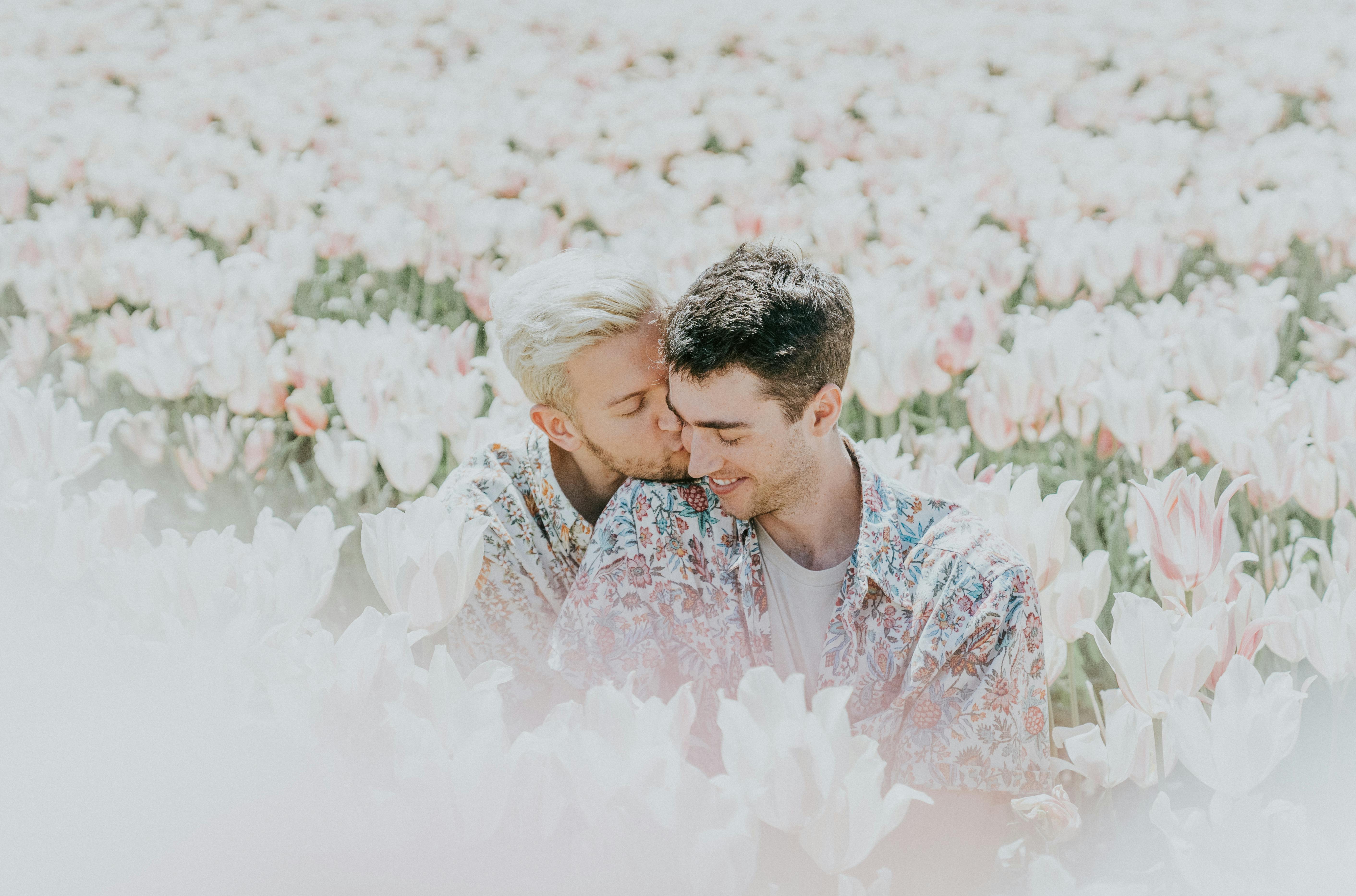 two man sitting on pink flower field